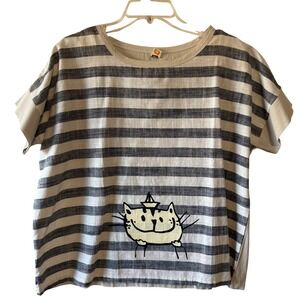 ZRKA XL Striped Cat Graphic Top Boxy Short Sleeve Cream Gray Shirt‎